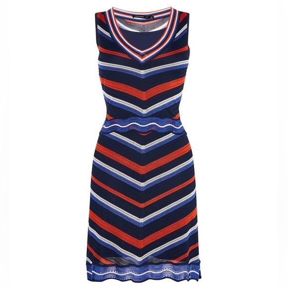 Karen Millen Blue & Orange Stripe Chevron Lightweight Knit Scallop Hem Dress - Picture 2 of 12
